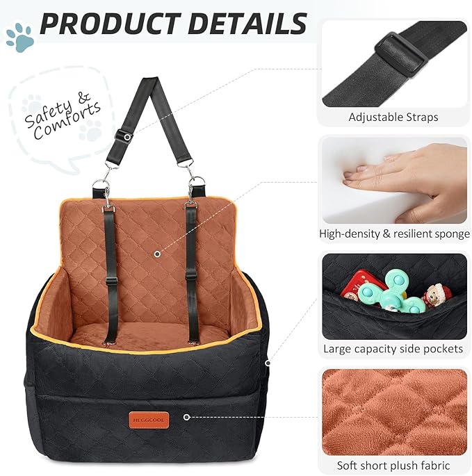 HEGGCOOE Small Dog Car Seat, Memory Foam Dog Booster Seats with Thick Cushion for Medium Dogs Under 35lbs, Detachable Washable Pet Car Seat Travel Bed with Storage Pockets,2 Safety Belts