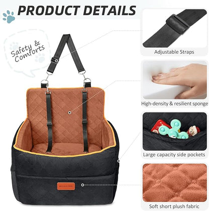 HEGGCOOE Small Dog Car Seat, Memory Foam Dog Booster Seats with Thick Cushion for Medium Dogs Under 35lbs, Detachable Washable Pet Car Seat Travel Bed with Storage Pockets,2 Safety Belts