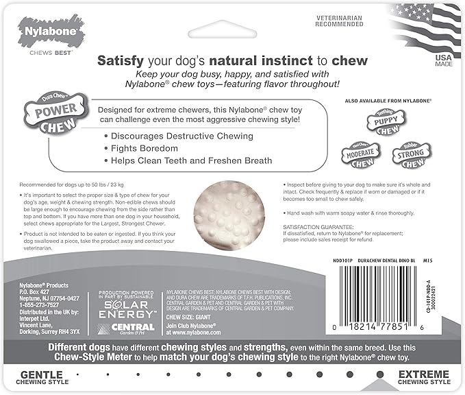 Nylabone Power Chew Dental Dinosaur - Dental Dog Toy for Aggressive Chewers - Large Dog Chew Toys for Teeth Cleaning - Durable Dog Toy for Large Breeds - Chicken Flavor, Large, Up to 50 Ibs. (1 Count)