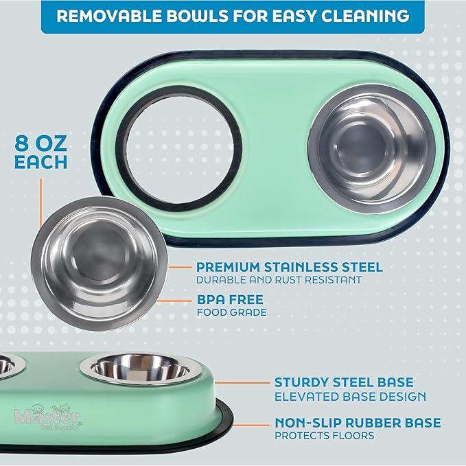 Master Pet Supply Double Dog Bowls Set with Elevated Base and 2 (8 oz) Stainless Steel Removable Dishes (Pistachio) – Double Cat Food Water Bowl, Dog Puppy Food Bowl Set, Rust Resistant