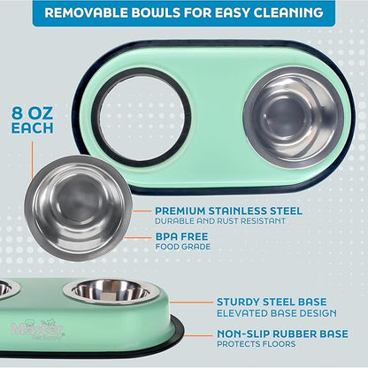 Master Pet Supply Double Dog Bowls Set with Elevated Base and 2 (8 oz) Stainless Steel Removable Dishes (Pistachio) – Double Cat Food Water Bowl, Dog Puppy Food Bowl Set, Rust Resistant
