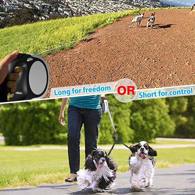 Double Retractable Dog Leash for Two Dogs Up to 50 lbs - 16 ft Coupler Leashes for Small Medium Dogs - One Locked System, Non Slip Grip, Tangle Free (Grey)