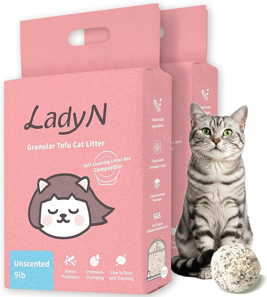 Lady N Granular Tofu Cat Litter Mini-Pellet Compatible with Automatic Self Cleaning Cat Litter Box, Strong Clumping, Low Dust, Activated Charcoal Odor Control 18lb