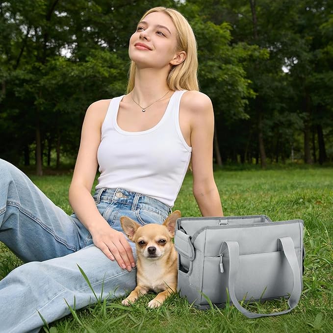 Dog Purse Carrier for Small Dogs Under 10 lbs with Pockets Adjustable Soft Sided Pad Extendable Dog Carriers Tote for Puppies with Safety Leash Clip for Travel Shopping (Dark Gray)