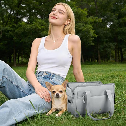 Dog Purse Carrier for Small Dogs Under 10 lbs with Pockets Adjustable Soft Sided Pad Extendable Dog Carriers Tote for Puppies with Safety Leash Clip for Travel Shopping (Dark Gray)