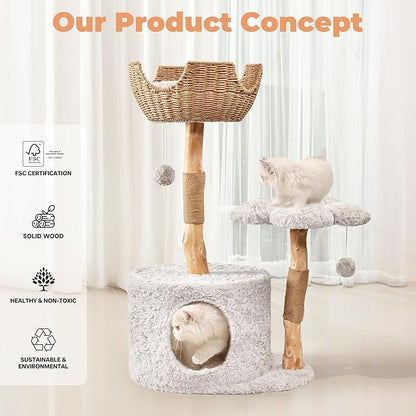 Easyego Modern Cat Tree, 39.3" Aesthetic Wood Cat Tree Tower for Large Cats, Luxury Cat Condo with Scratching Posts and Flower Platforms, Cat Furniture, Bullet Gray
