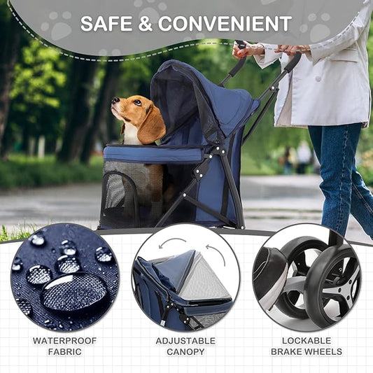 Dog Stroller, 4 Wheels Pet Stroller for Cats and Dogs with Storage Bag & Visible Mesh, Easy-Fold Umbrella Shaped Cat Stroller and Pet Stroller for Medium Dogs & Small Dogs, Navy Blue