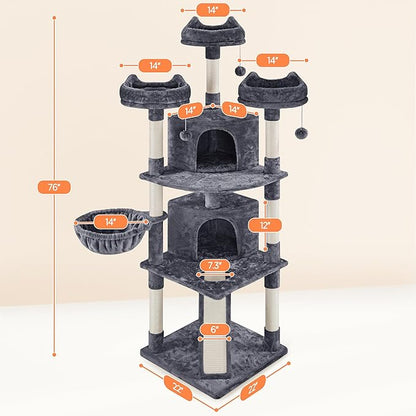 Yaheetech 76in Cat Tree Multi-Level Cat Tower with Large Cat Condo＆Cozy Perches Stable Pet Play House w/Sisal-Covered Scratching Posts＆Board for Indoor Cats, Dark Gray