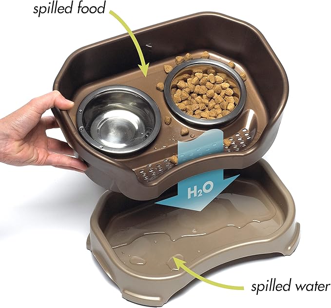 Neater Feeder Deluxe Mess-Proof Elevated Dog Bowls for Small Dogs (Up to 19 lbs), 2 Height Adjustable (6” & 7.5”) No-Spill Raised Dog Bowl Stand, Stainless Steel Food Bowl Set, Made in USA, Bronze