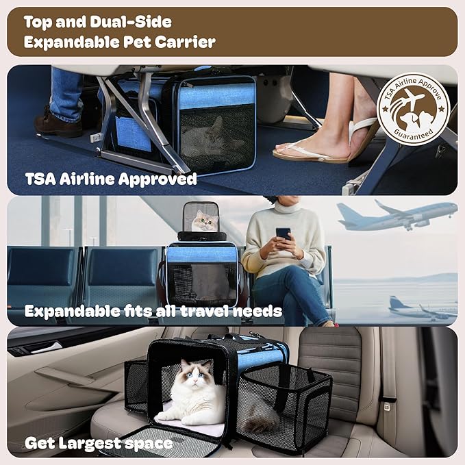 Top and 2 Sides Expandable Pet Carrier 17x11x9.5, TSA Airline Approved Small Dog Carriers for Small Dogs, Soft-Sided Cat Carrier with Self-Locking Zippers for Kitten,Rabbit, Puppy, Guinea Pig Blue