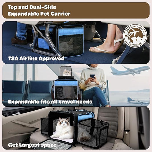 Top and 2 Sides Expandable Pet Carrier 17x11x9.5, TSA Airline Approved Small Dog Carriers for Small Dogs, Soft-Sided Cat Carrier with Self-Locking Zippers for Kitten,Rabbit, Puppy, Guinea Pig Blue