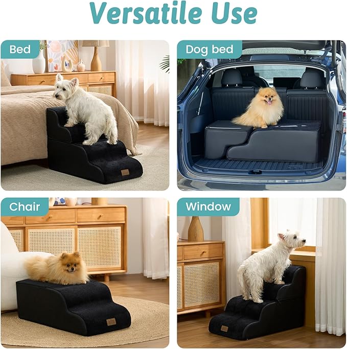 Detachable Curved Dog Stairs 19.7" H, 4 Step Small Dog Step for Puppy or Older Cat, Ramp for Bed, Sofa, Couch or Chair, Ladder with High Density Foam, 17.7x28.3x19.7 inch, Black