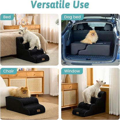 Detachable Curved Dog Stairs 19.7" H, 4 Step Small Dog Step for Puppy or Older Cat, Ramp for Bed, Sofa, Couch or Chair, Ladder with High Density Foam, 17.7x28.3x19.7 inch, Black