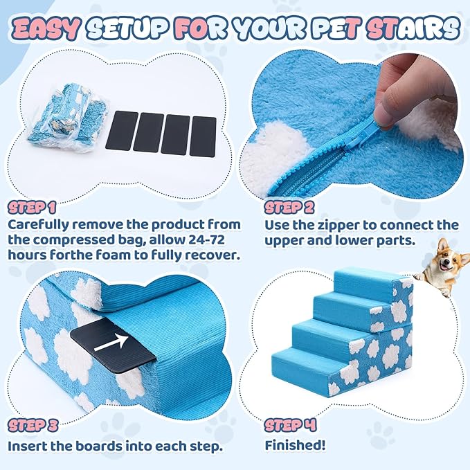 Jetec Dog Stairs for Bed 18" H 4-Step Bottom Foldable Non Slip Foam Dog Pet Stairs 2 in 1 Jacquard Shaggy Plush for High Bed Couch and Sofa Chairs Small Medium Dogs Cats