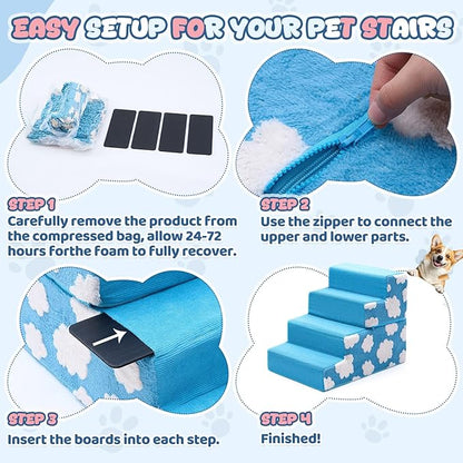 Jetec Dog Stairs for Bed 18" H 4-Step Bottom Foldable Non Slip Foam Dog Pet Stairs 2 in 1 Jacquard Shaggy Plush for High Bed Couch and Sofa Chairs Small Medium Dogs Cats