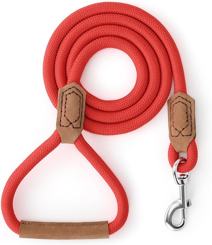 Mile High Life Leather Dog Leash, Heavy Duty Strong Genuine Leather Handle Rope Leash Soft and Comfortable for Small Medium Large Dogs (Red, 60 Inch)