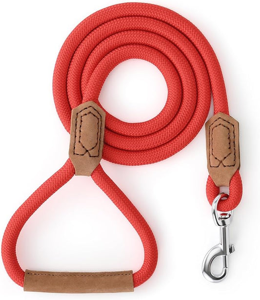 Mile High Life Leather Dog Leash, Heavy Duty Strong Genuine Leather Handle Rope Leash Soft and Comfortable for Small Medium Large Dogs (Red, 48 Inch)