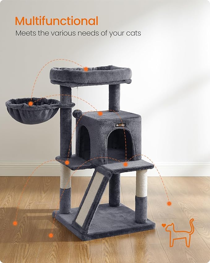 Feandrea Cat Tree, 37.8-Inch Cat Tower, Multi-Level Condo with Widened Perch, Scratching Posts and Ramp, 2-Door Cave, Hammock, Smoky Gray UPCT51G