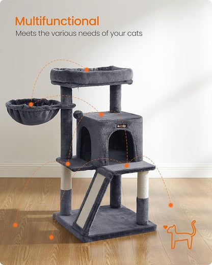 Feandrea Cat Tree, 37.8-Inch Cat Tower, Multi-Level Condo with Widened Perch, Scratching Posts and Ramp, 2-Door Cave, Hammock, Smoky Gray UPCT51G