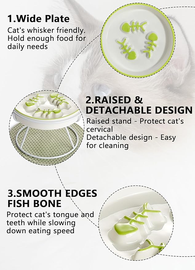 Raised Cat Dog Slow Feeder Bowl with Stand,Elevated Cat Food Bowl Shallow Design,Slow Down Eating Speed of Pets,No Whisker Fatigue Ceramic Puzzy Feeder, Against Bloat,Indigestion, Easy to Clean