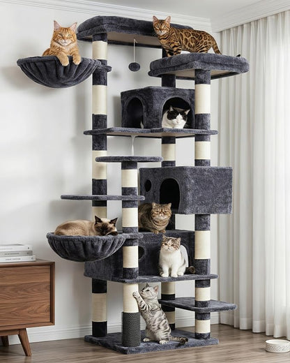 Hey-brother Cat Tree, 74 inches Multi-Level XL Large Cat Tower for Indoor Cats with Three Cat Condos, Two Large Top Decks and Cat Hairbrushfor Kittens, Cats and Pets, Smoky Gray MPJ035-MG