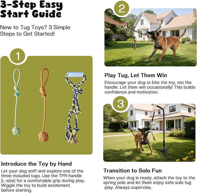 Adjustable Tug of War Dog Toy with 3 Tether Tug Toys, Outdoor Dog Spring Pole Rope Toy with Tripod Base & U-stakes, Hands-free Outdoor Dog Toys for Large Dogs, Interactive Dog Tetherball for Yard