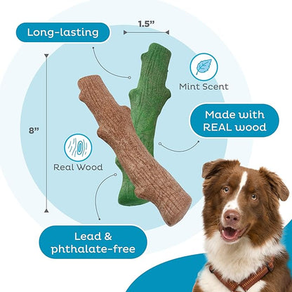 Pupstages by Petstages Dogwood Breath Dog Chew Toy – Real-Wood Blend, Moderate Chewers, Large, 8", 2-Pack (Natural & Mint Flavors)