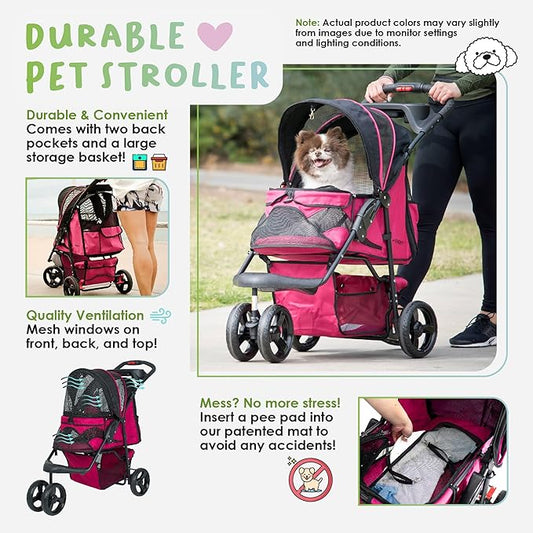 Petique Durable Pet Stroller, Easy Fold, Quality mesh Windows, Large Storage Basket, Secure Cup Holder Tray, for Small to Medium Dog, Cat, Bunny, Supports Pets up to 55LBS - RAZZBERRY