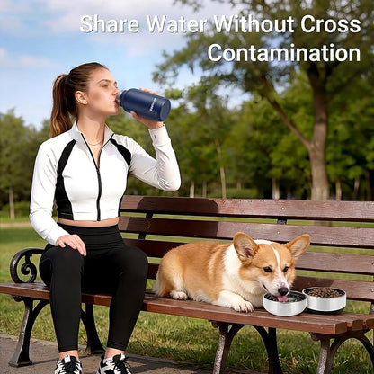 3-in-1 Dog Water Bottle Portable, 32oz Insulated Stainless Steel Pet Water Dispenser with 2 Detachable Travel Dog Bowls for Water & Food, Leak-Proof Puppy Water Bottle for Hiking, Walking (Blue)
