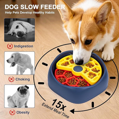 Interactive Pet Puzzle Slow Feeder Bowl - Innovative Rotating Design, Anti-Gulping, Promotes Digestion & Mental Stimulation, Non-Slip Food Dispenser for Small & Medium Dogs & Cats (Red & Yellow)