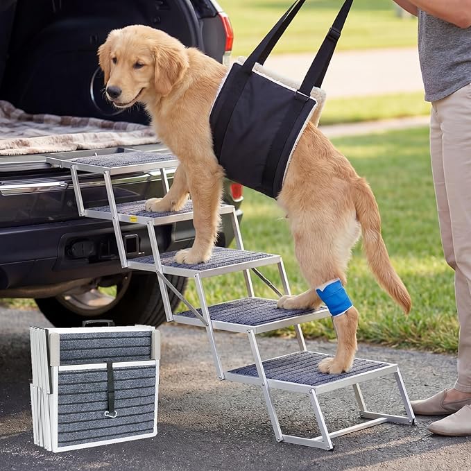 Veehoo Extra Wide Dog Steps for Car Truck SUV Foldable, 5 Steps Lightweight Aluminum Dog Stairs for Injured Senior Large Dogs 20" Wide, Folding Pet Ramp Ladder with Non Slip Surface, up to 170lbs