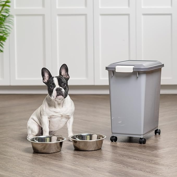 IRIS USA Dog Food Storage Container with Wheels, Airtight Lid, 2-Cup Scoop, Up to 30 Pounds Pet Food Storage, Built in Scoop Storage in Lid, Versatile Pet Food Bin, Portable, BPA Free, Gray/Dark Gray