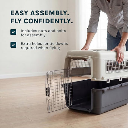 SportPet Airline Compliant X-LARGE 32.25" Travel Dog Kennel-Durable Plastic Airline Pet Carrier w/Removable Wheels & Food Bowls, Collapsible Indoor/Outdoor Dog Kennel, Dogs up to 32"L & 23"H-Dark Gray