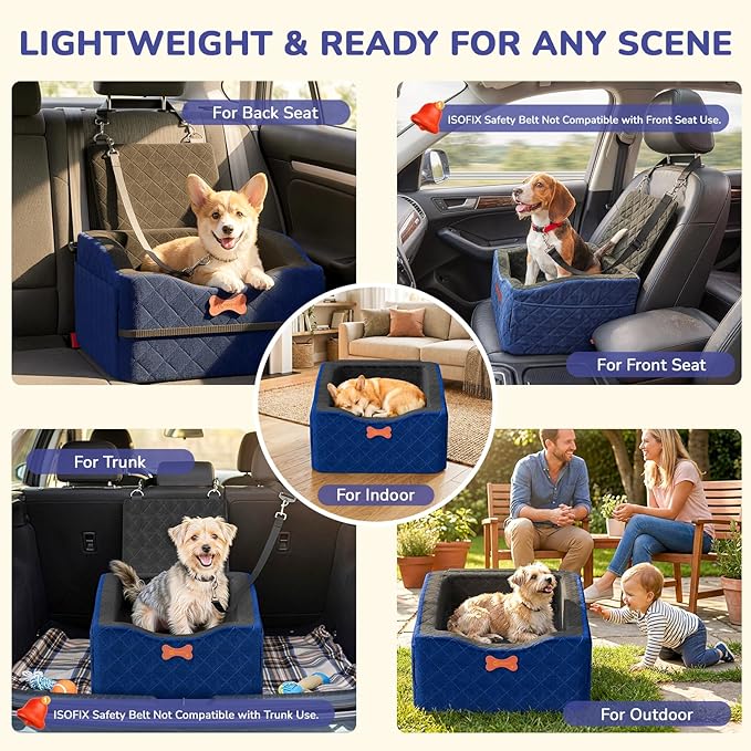 Dog Car Seat for Small Medium Dogs, 6" Elevated Dog Booster Seat with ISOFIX Safety Fixation, Washable Cover & High Density Memory Foam, Portable for Car Front/Rear/Trunk Home Outdoor Use (Navy Blue)