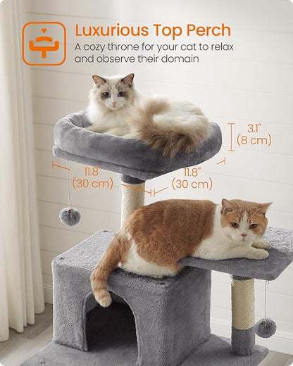 Feandrea Cat Tree, 73.2-Inch Tall Cat Tower, Plush Multi-Level Condo with 5 Scratching Posts, 2 Perches, 2 Caves, Hammock, 2 Pompoms, Light Gray UPCT191W01