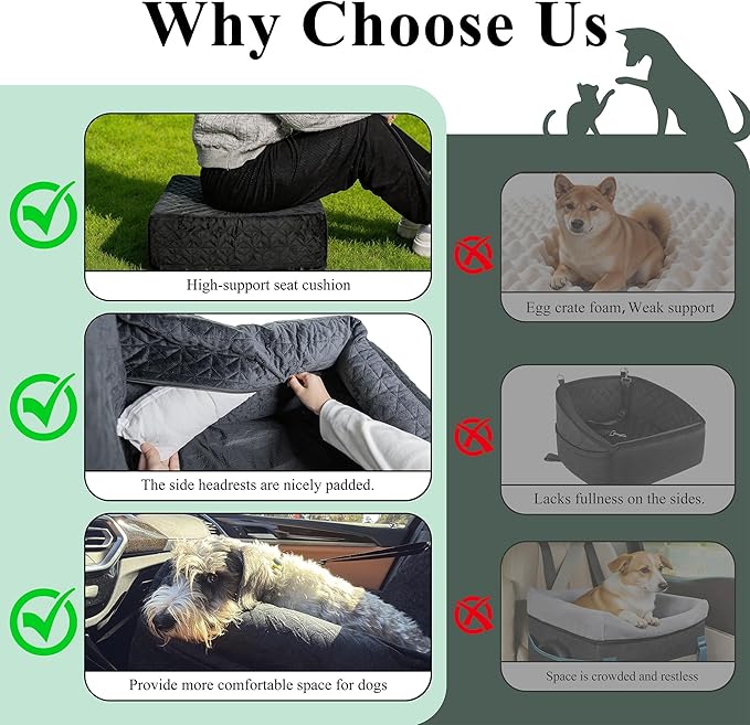 Dog Booster Car Seat for Small/Medium Dogs, VIVASNIFF 6 Inches Memory Foam Elevated Dog Pet Car Bed up to 45 lbs with 2 Safety Belts, Leakproof, Detachable and Washable (Black).