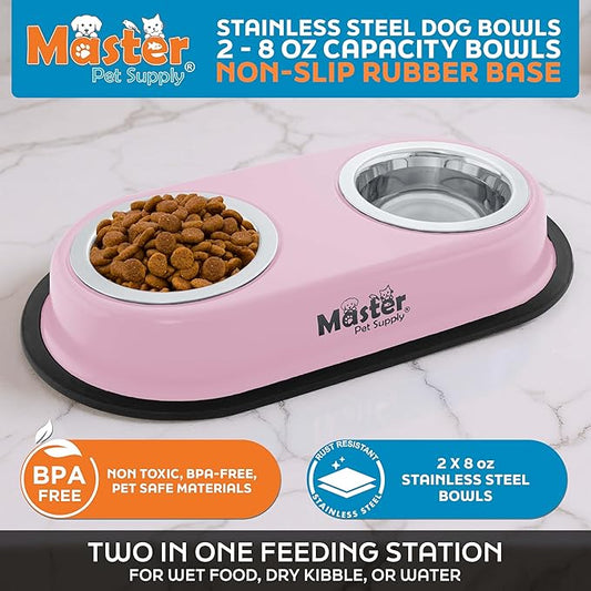 Master Pet Supply Double Dog Bowls Set with Elevated Base and 2 (8 oz) Stainless Steel Removable Dishes (Rose Quartz) – Double Cat Food Water Bowl, Dog Puppy Food Bowl Set, Rust Resistant
