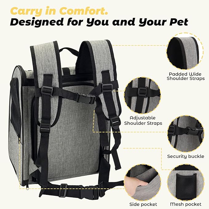 Zavothy Cat Backpack Carrier, Expandable Airline Approved Pet Backpack for Small Cats & Dogs, Breathable Mesh Cat Carrier Backpack with Padded Bottom, Foldable Travel Bag - Grey
