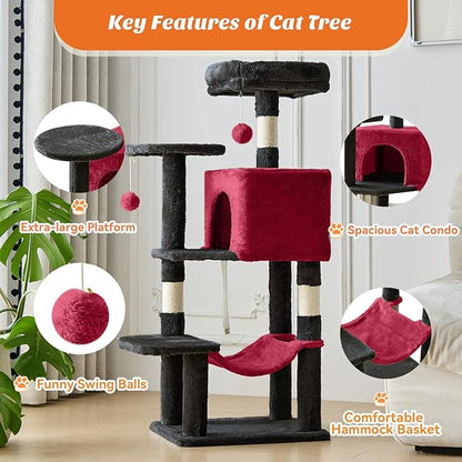DUMOS Small 44 Inch Cat Tree Tower, Cat Climbing Tower with Natural Sisal Scratching Posts, Hammock, Pet Condo for Indoor Cats and Kittens Play, Black and Red