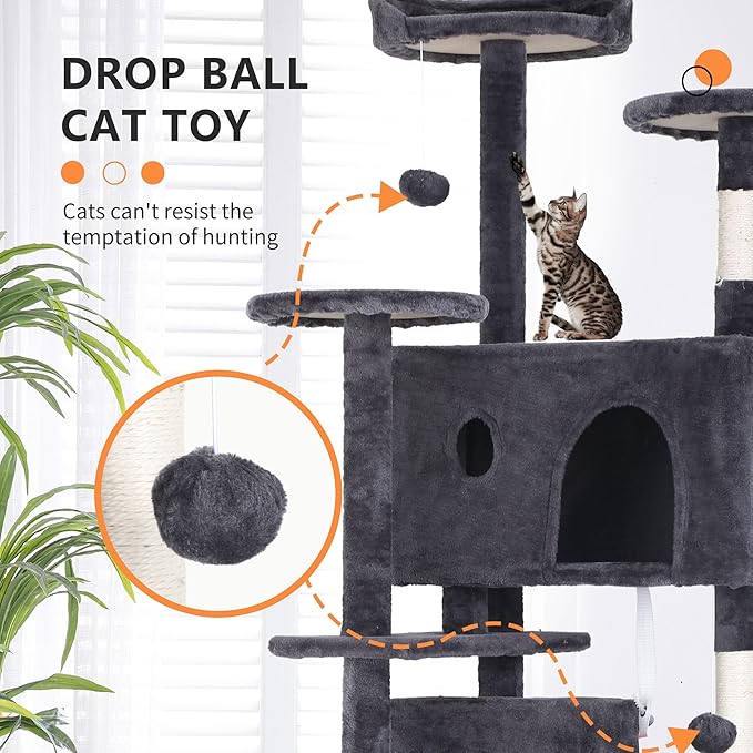 BestPet | 70" Cat Tree Tower | Ashy | Sturdy, Easy to Assemble, Multi-Level Activity Center with Sisal Scratching Posts, Condos, Perches, Hanging Cat Toys, Observation Decks & Ladder