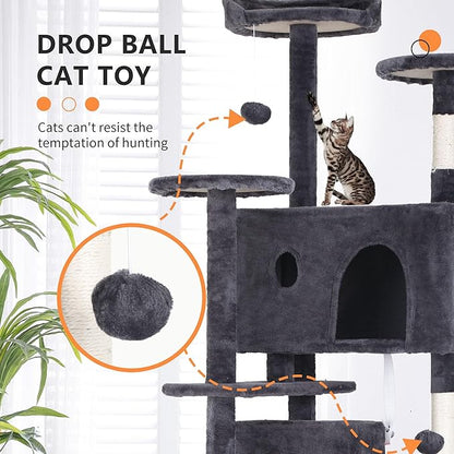 BestPet | 70" Cat Tree Tower | Ashy | Sturdy, Easy to Assemble, Multi-Level Activity Center with Sisal Scratching Posts, Condos, Perches, Hanging Cat Toys, Observation Decks & Ladder