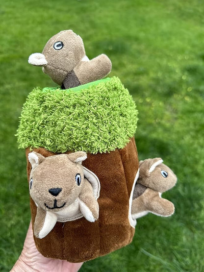 Glow Pups Squirrel in Tree Hide and Seek Plush Squirrel Inside Trunk Interactive Burrow Dog Toy for Small and Medium Size Dogs, Tree with Squirrels