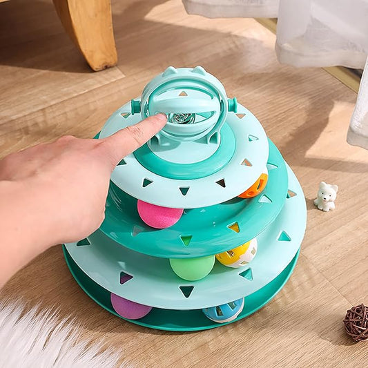 Vealind Cat Toy Roller 4-Level Turntable Cat Toys Balls with 14 Pcs Colorful Pom Pom Balls Interactive Fun Mental Physical Exercise Puzzle Kitten Toys (Green)