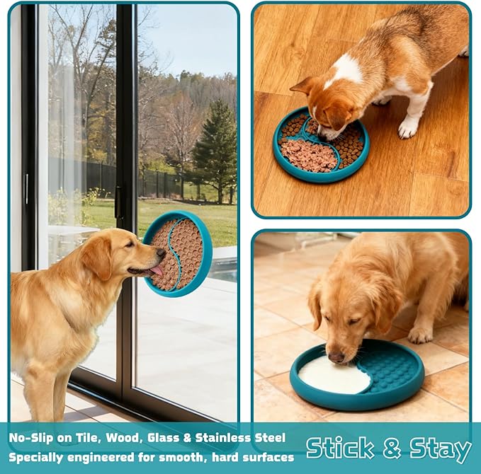 Dog Lick Bowl, Non-Slip Slow Feeder Dog Bowl, Silicone Licking Mat with Treat Dispenser, Entertainment Dog Puzzle Play, Feeder Bowl to Relieve Anxiety, Dishwasher Safe,with Brush & Spatula(Dark Teal)