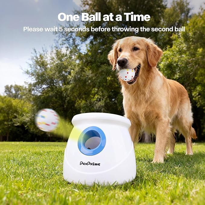 Pet Prime Upgraded Automatic Ball Launcher for Large Dogs,Rechargeable Dog Ball Thrower for Outdoor Exercise & Interactive Play,Adjustable 10-64ft Thrower with 6PCS 2.5" ETPU Balls,1 Dog Whistle