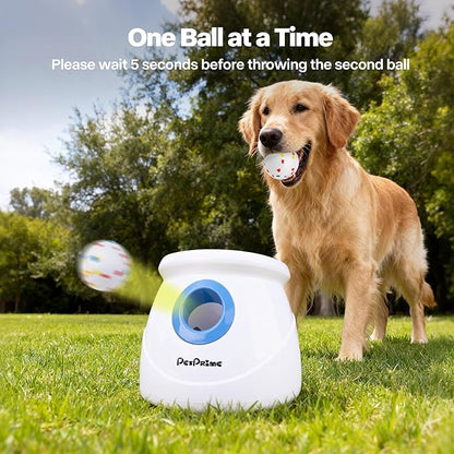 Pet Prime Upgraded Automatic Ball Launcher for Large Dogs,Rechargeable Dog Ball Thrower for Outdoor Exercise & Interactive Play,Adjustable 10-64ft Thrower with 6PCS 2.5" ETPU Balls,1 Dog Whistle