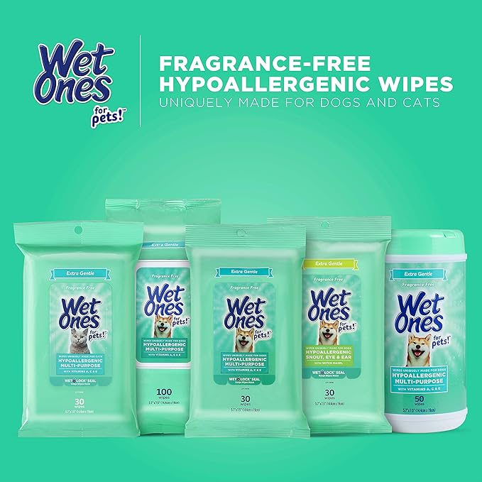 Wet Ones for Pets Hypoallergenic Multipurpose Dog Wipes with Vitamins A, C & E - No Fragrance Pet Wipes for Dogs in Canister, 50 Count