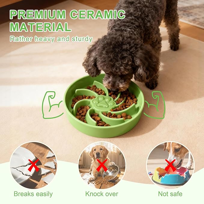 Ceramic Slow Feeder Dog Bowl, 1.5 Cup Dog Food or 20oz Water, Slow Eating Bowl for Small Breed, Maze Puzzle Feeder for Fast Eaters, Anti-Choking Stop Bloat, Non-Slip BPA Free (Green)