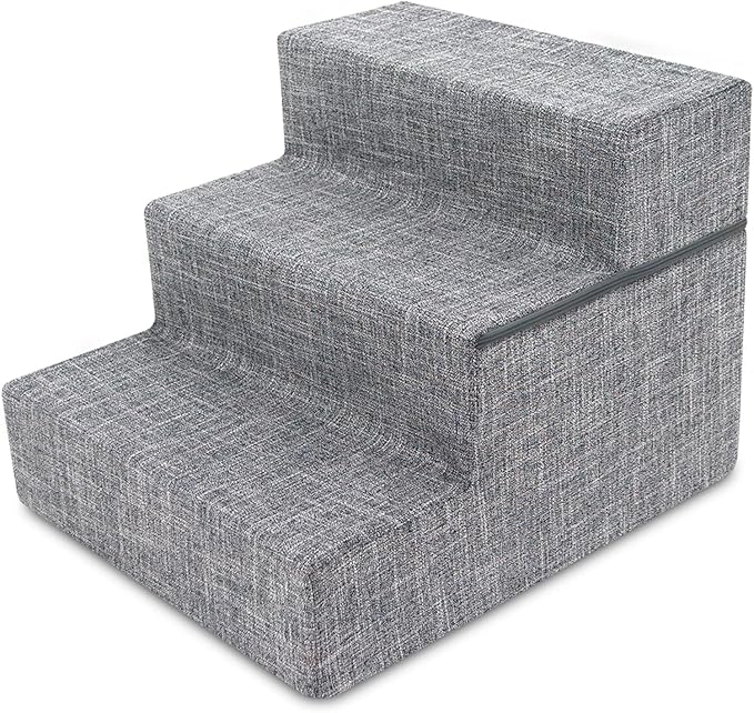 Best Pet Supplies Foldable Foam Pet Steps for Small Pets, Portable Ramp Stairs for Couch, Sofa, & High Bed Climbing, Non-Slip Balanced Indoor Step Support, Paw Safe - Ash Gray Linen, 3-Step