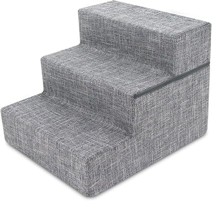 Best Pet Supplies Foldable Foam Pet Steps for Small Pets, Portable Ramp Stairs for Couch, Sofa, & High Bed Climbing, Non-Slip Balanced Indoor Step Support, Paw Safe - Ash Gray Linen, 3-Step